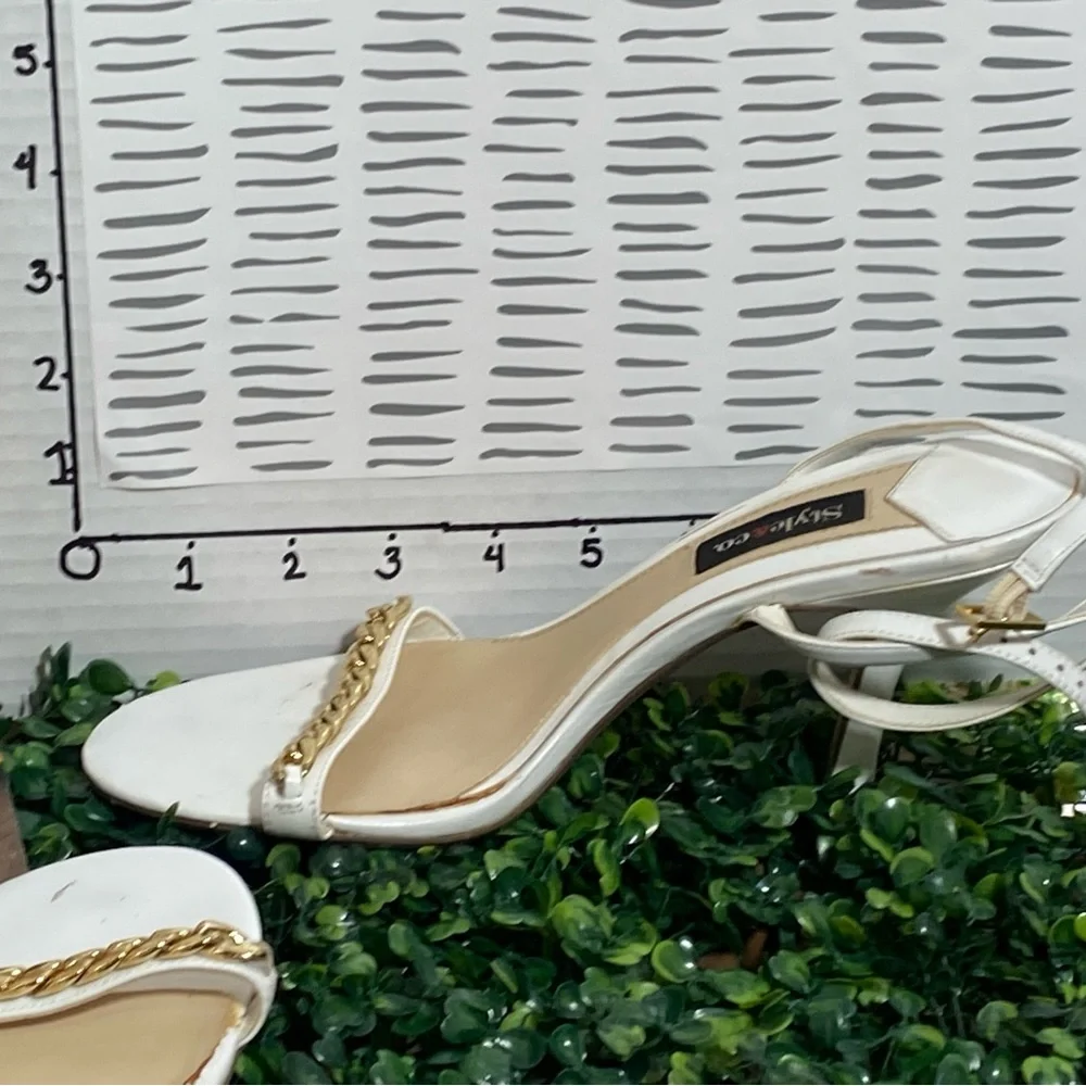 Style & Co. White Open-Toe Heels with Gold Chain Accent